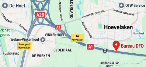 Routekaart naar DFO Zalencentrum in Hoevelaken, bij knooppunt Hoevelaken (A1 en A28)